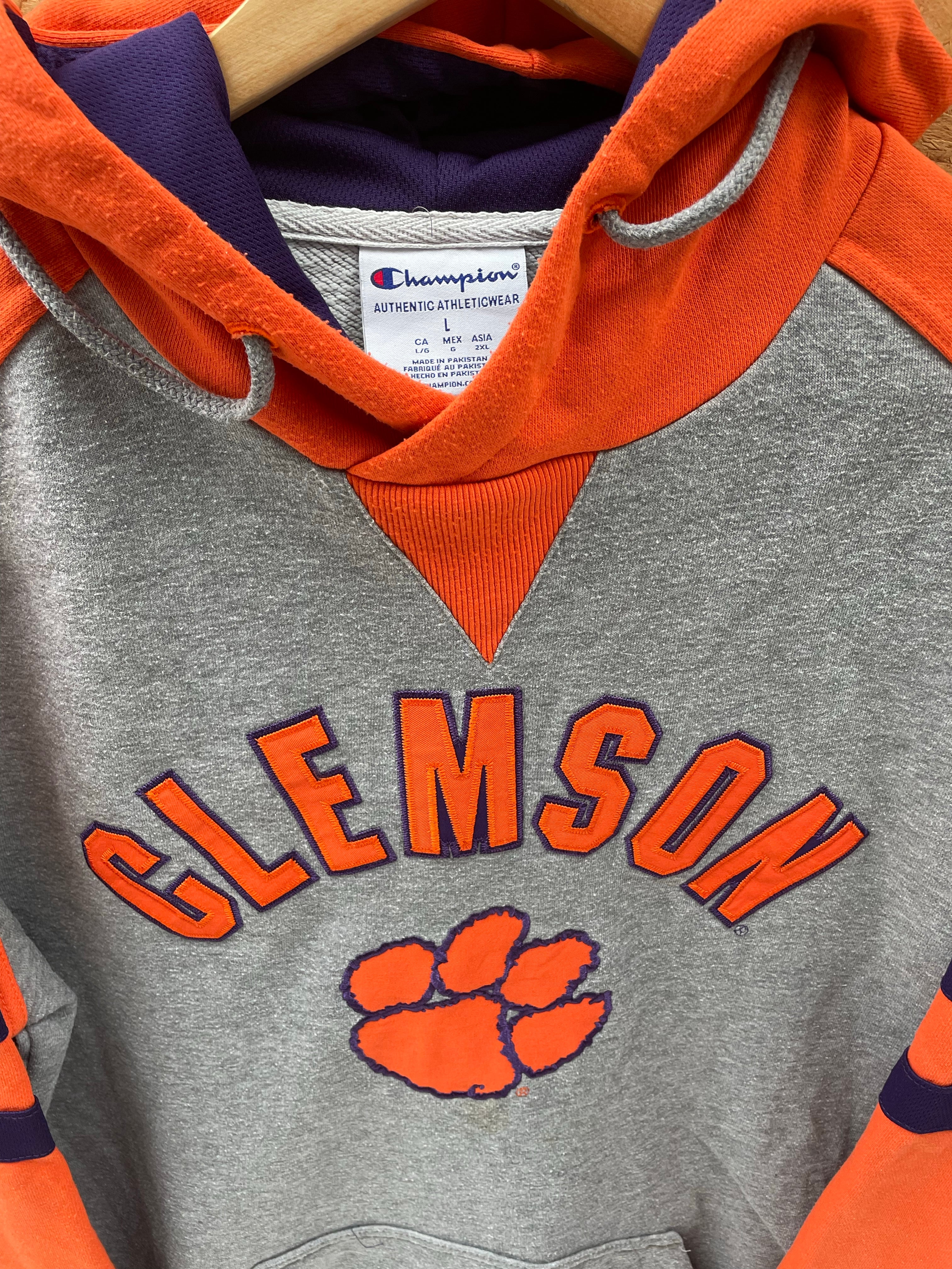 Vintage 90s Champion Clemson Tigers USA Orange Purple Gray Hoodie Sweatshirt Size L