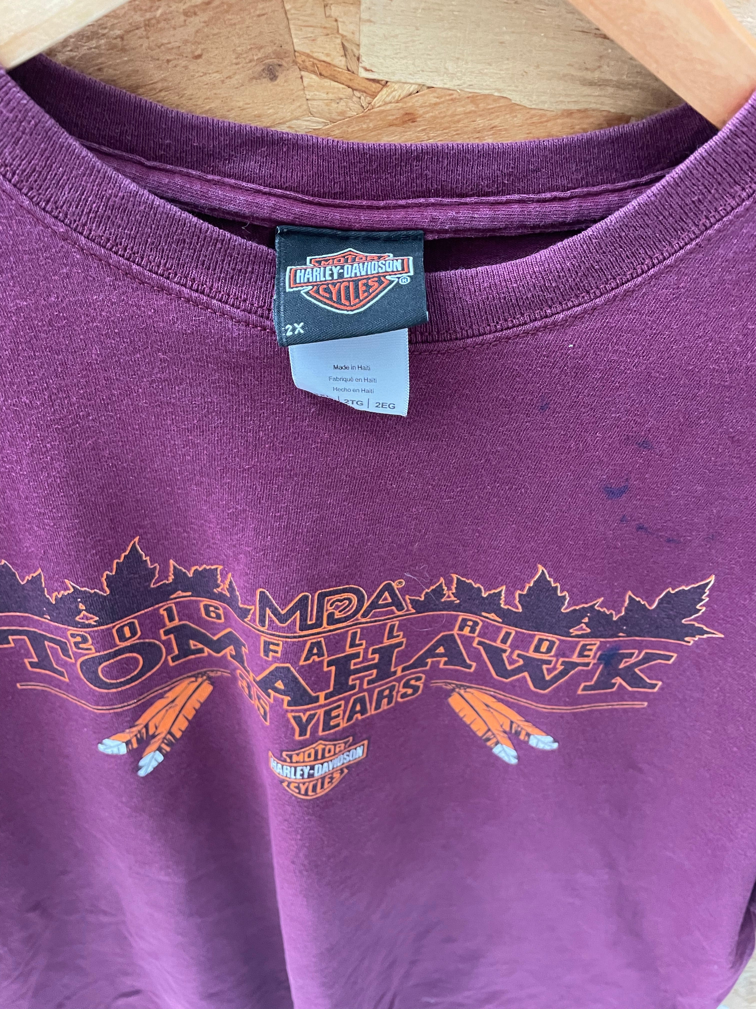 Vintage Harley-Davidson 2016 MDA Fall Ride Tomahawk  T-Shirt Maroon Size XXL