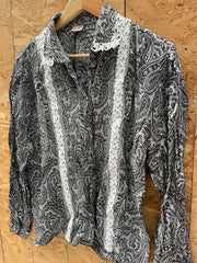 Cherimoya 48 Black &amp; White Paisley Print Blouse Shirt Long Sleeve