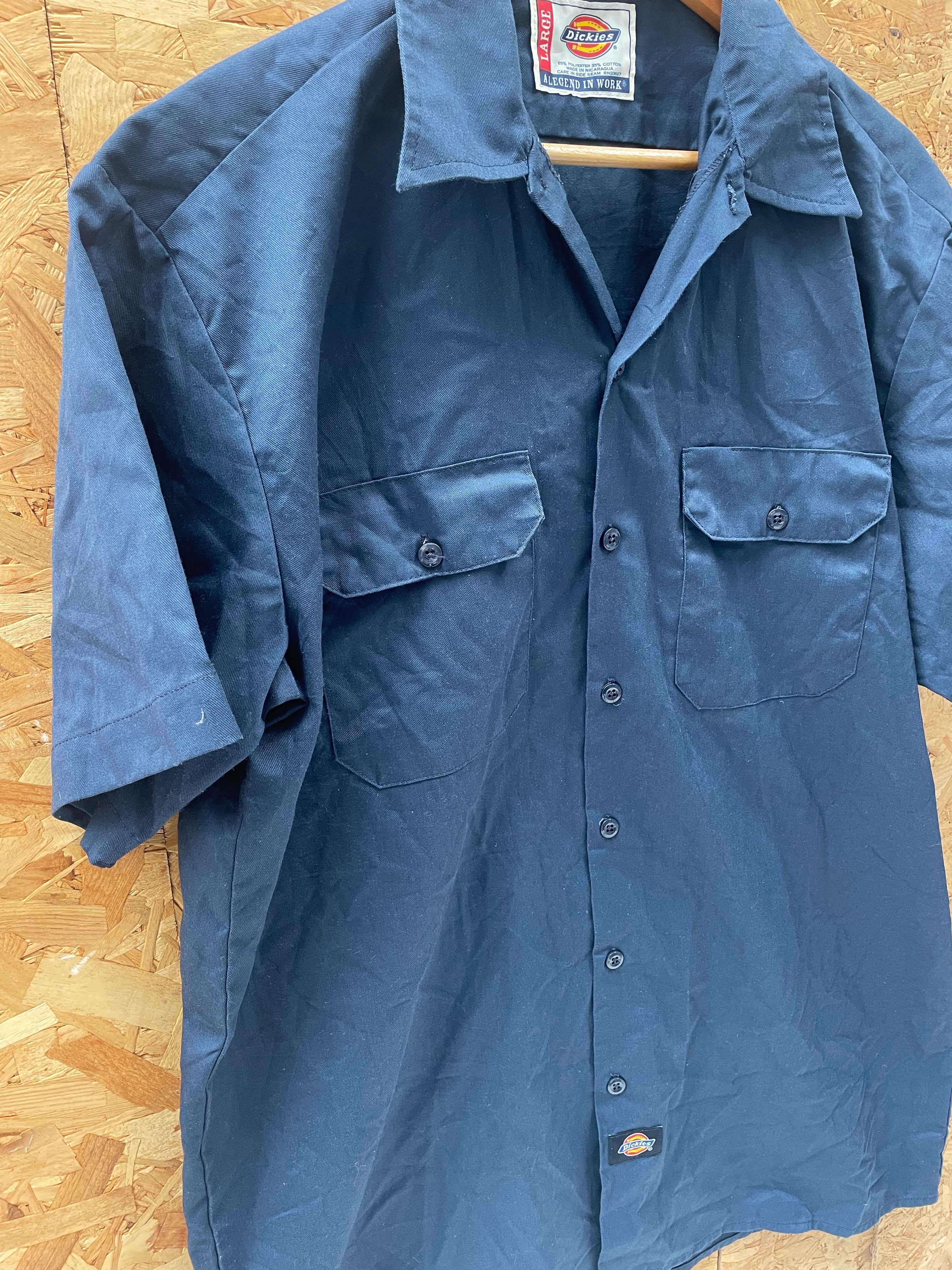 Vintage 90s Dickies Large Dark Blue Short Sleeve Work Shirt Mens Casual Button Up