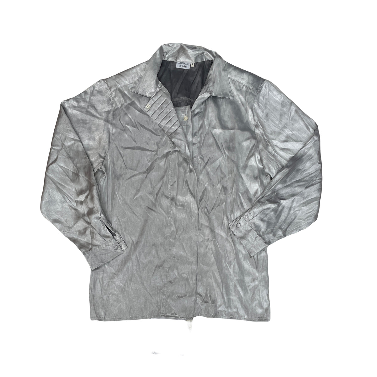 Vintage 80s Silver Satin Long Sleeve Button Up Embellished Blouse Size 38