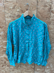 Vintage 80s Teal Button-Down Ladies Blouse with Pattern - Size M/S