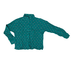 Vintage 80s Teal Button-Down Ladies Blouse with Pattern - Size M/S