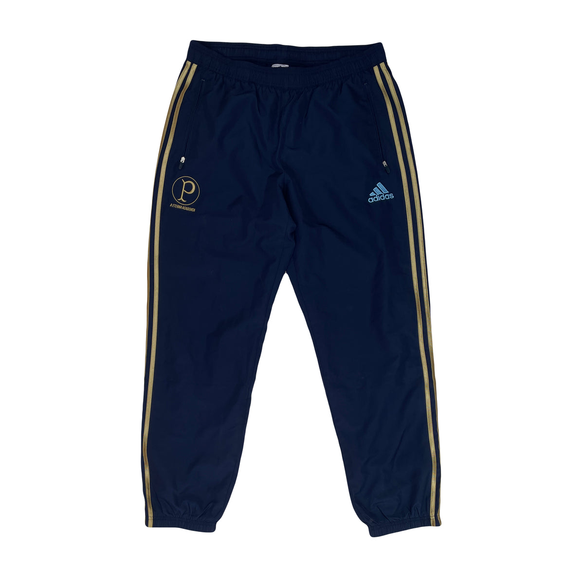 Vintage Adidas Men's Large Navy Blue Track Pants with Gold Stripes