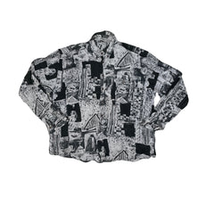 Vintage 90s Black &amp; White Abstract Print Long Sleeve Ugly Shirt Size XL
