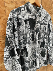 Vintage 90s Black &amp; White Abstract Print Long Sleeve Ugly Shirt Size XL