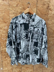 Vintage 90s Black &amp; White Abstract Print Long Sleeve Ugly Shirt Size XL