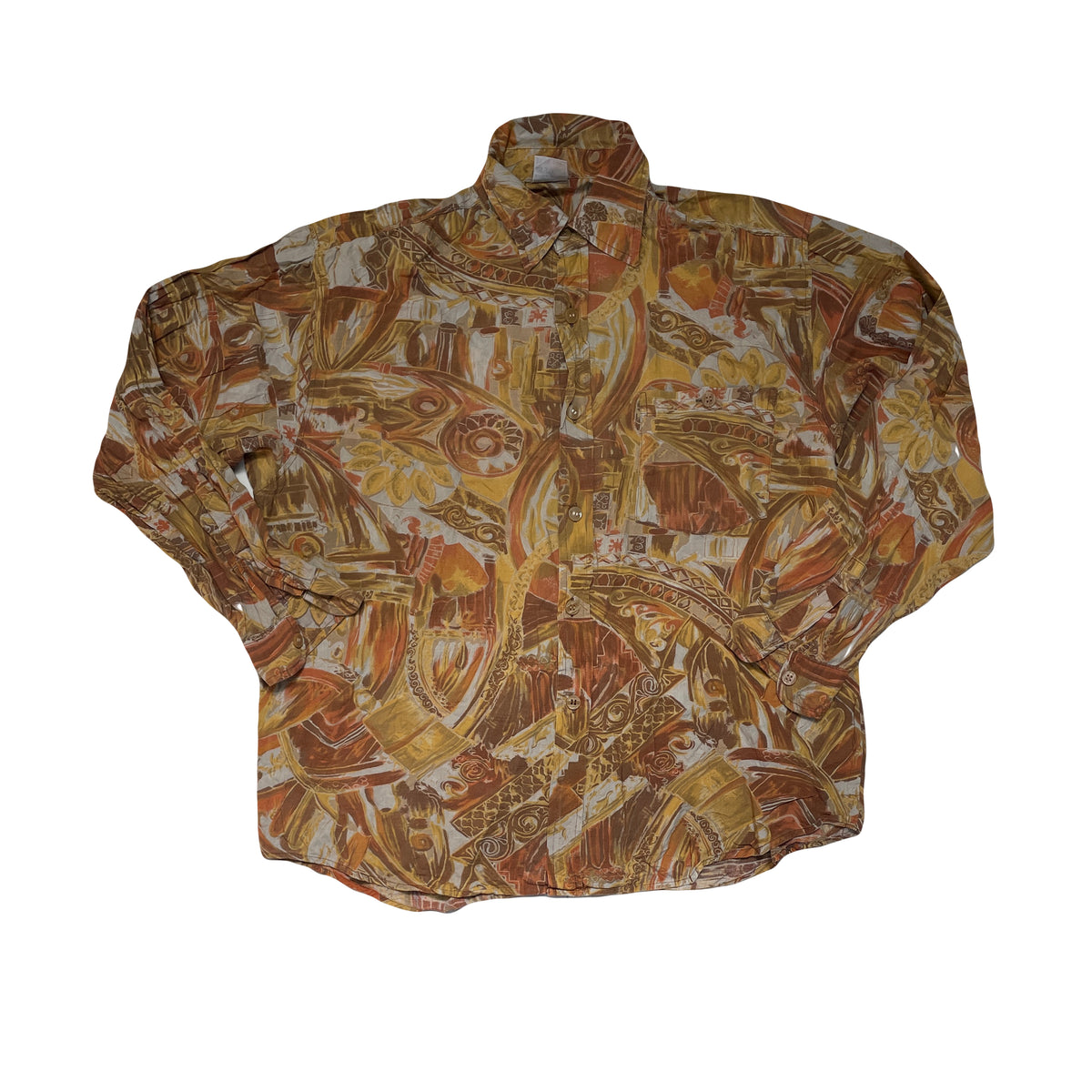 Vintage 90s Mustard Yellow Brown Abstract Print Long Sleeve Button Up Ugly Shirt Size L