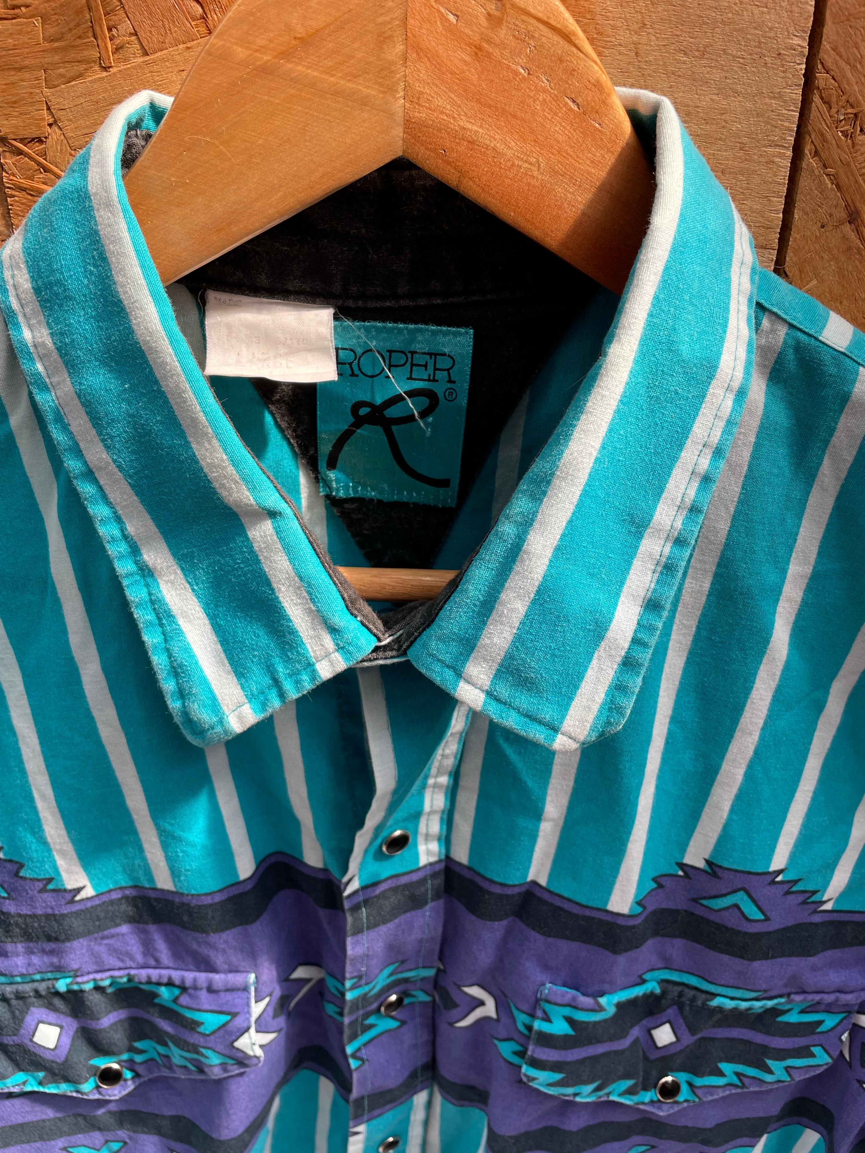 Vintage 90s Roper Turquoise Purple Stripes L/S Mens Western Cowboy Shirt L
