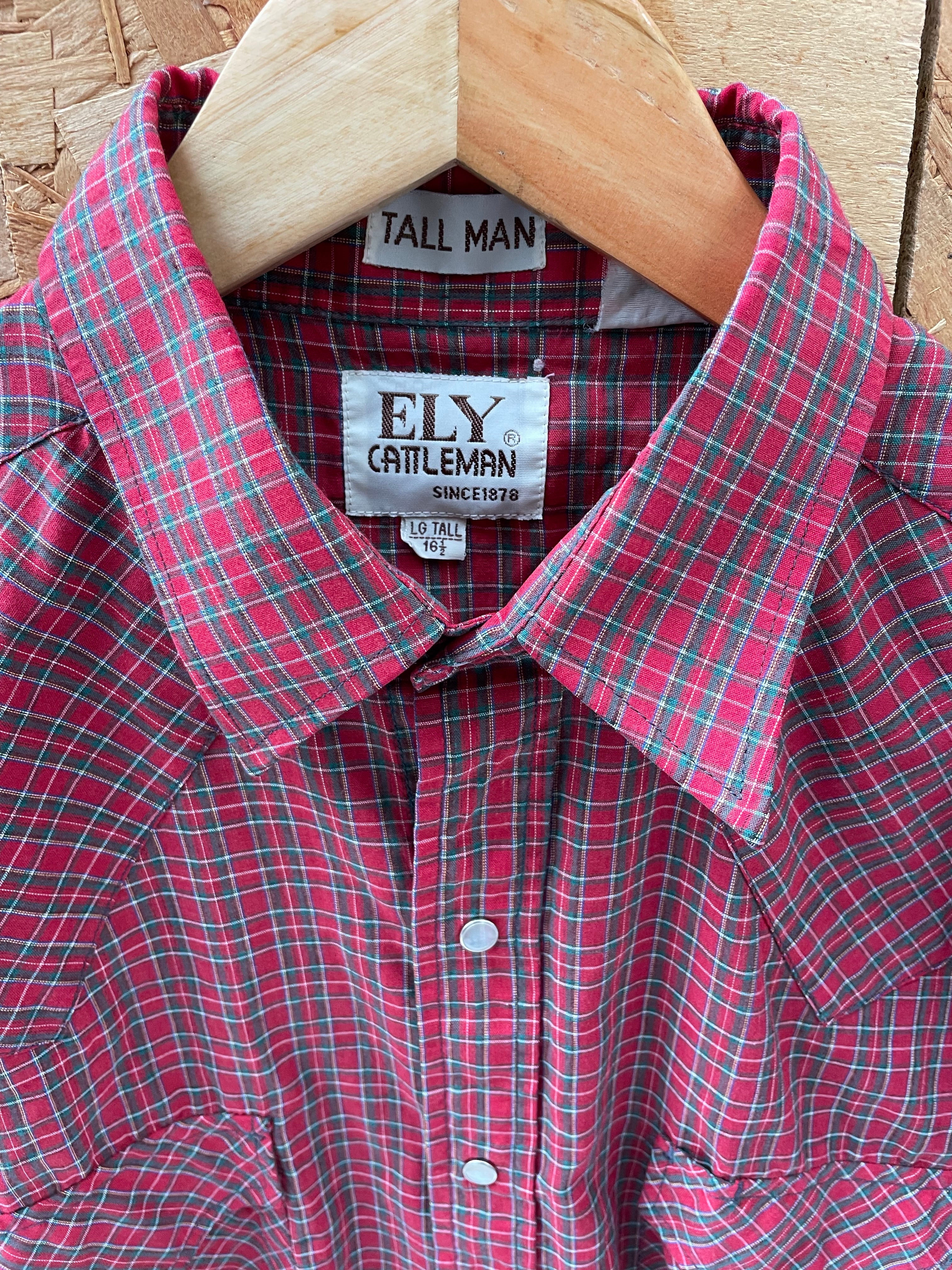 Vintage 80s Ely Cattleman Tall Man Red Plaid Western Cowboy Shirt Size L