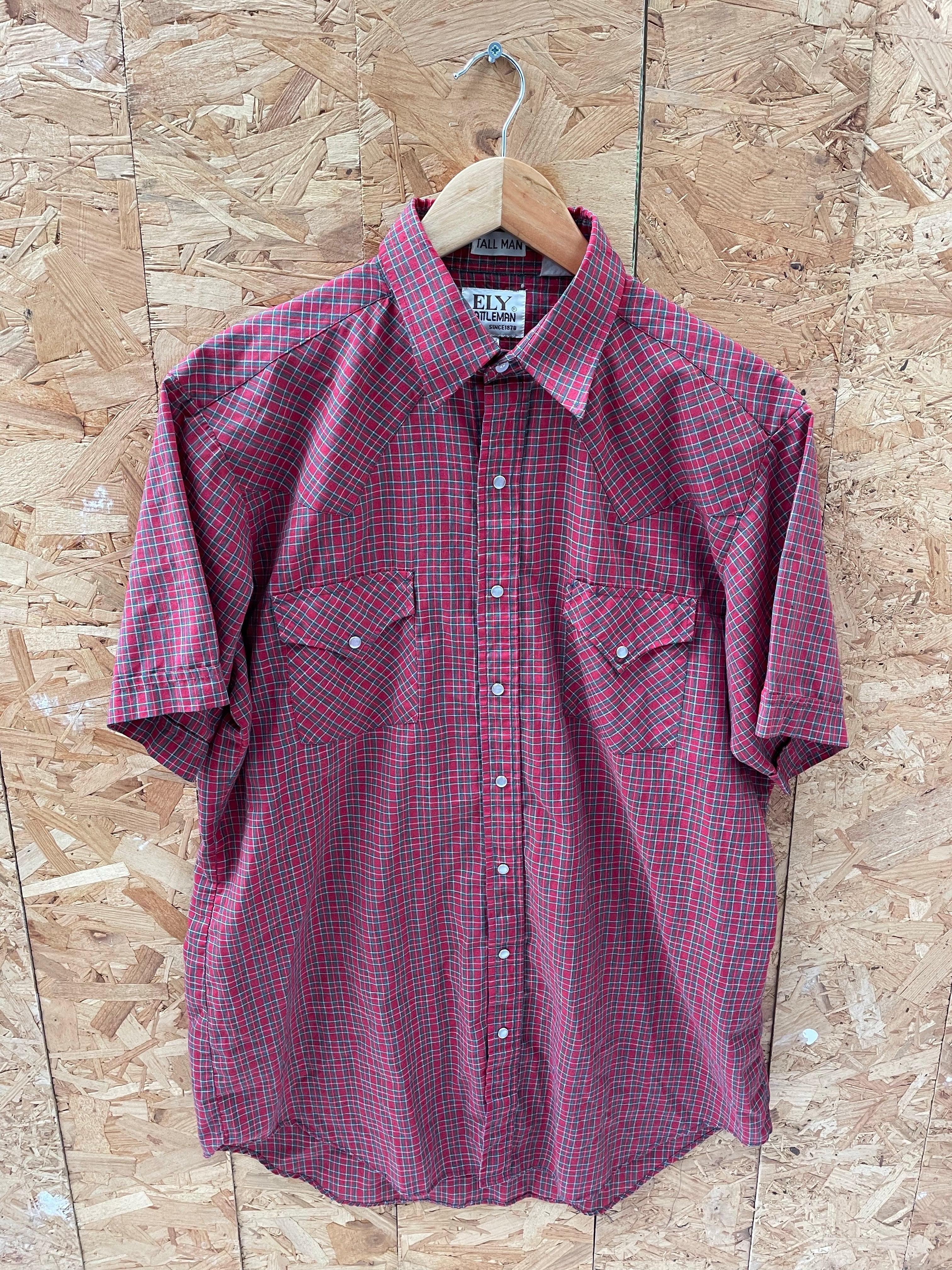 Vintage 80s Ely Cattleman Tall Man Red Plaid Western Cowboy Shirt Size L