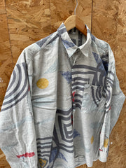Vintage 90s Abstract Crazy Print Grey Long Sleeve Button Up Ugly Shirt - Size L