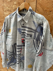 Vintage 90s Abstract Crazy Print Grey Long Sleeve Button Up Ugly Shirt - Size L
