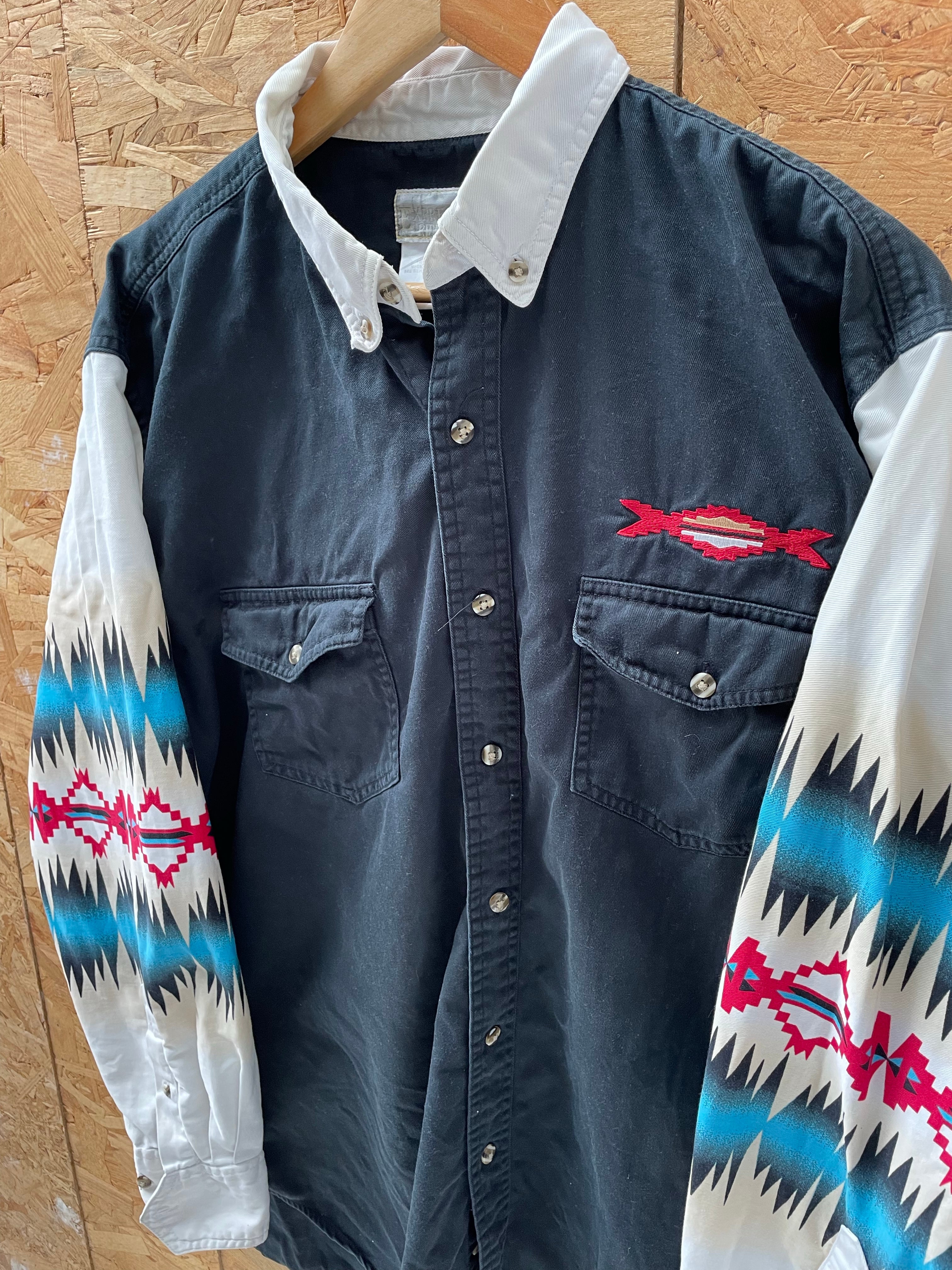 Vintage Men's L Black Western Long Sleeve Native American Aztec Shirt by Express Riders