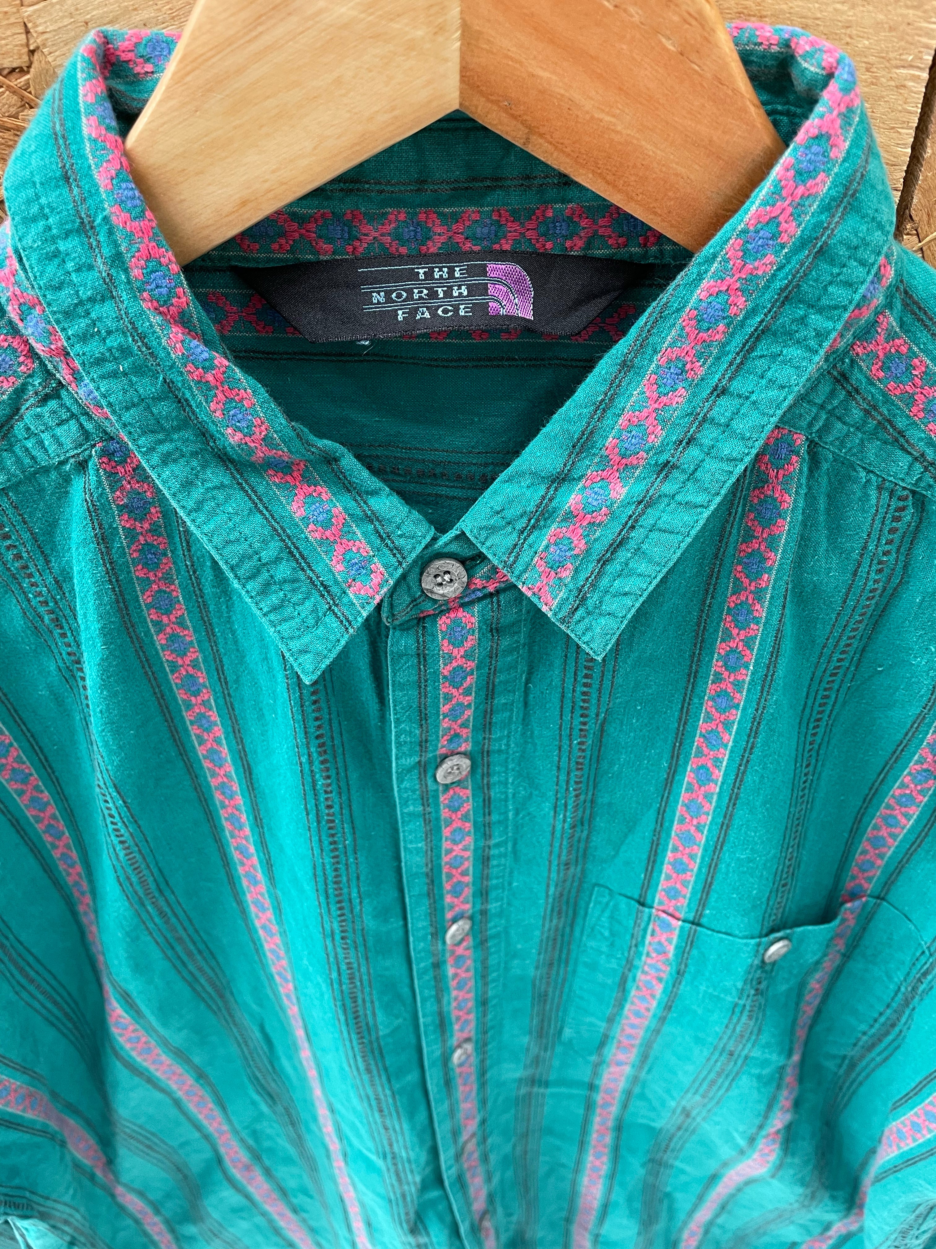 Vintage The North Face Men's L Green Striped Long Sleeve Aztec Western Shirt