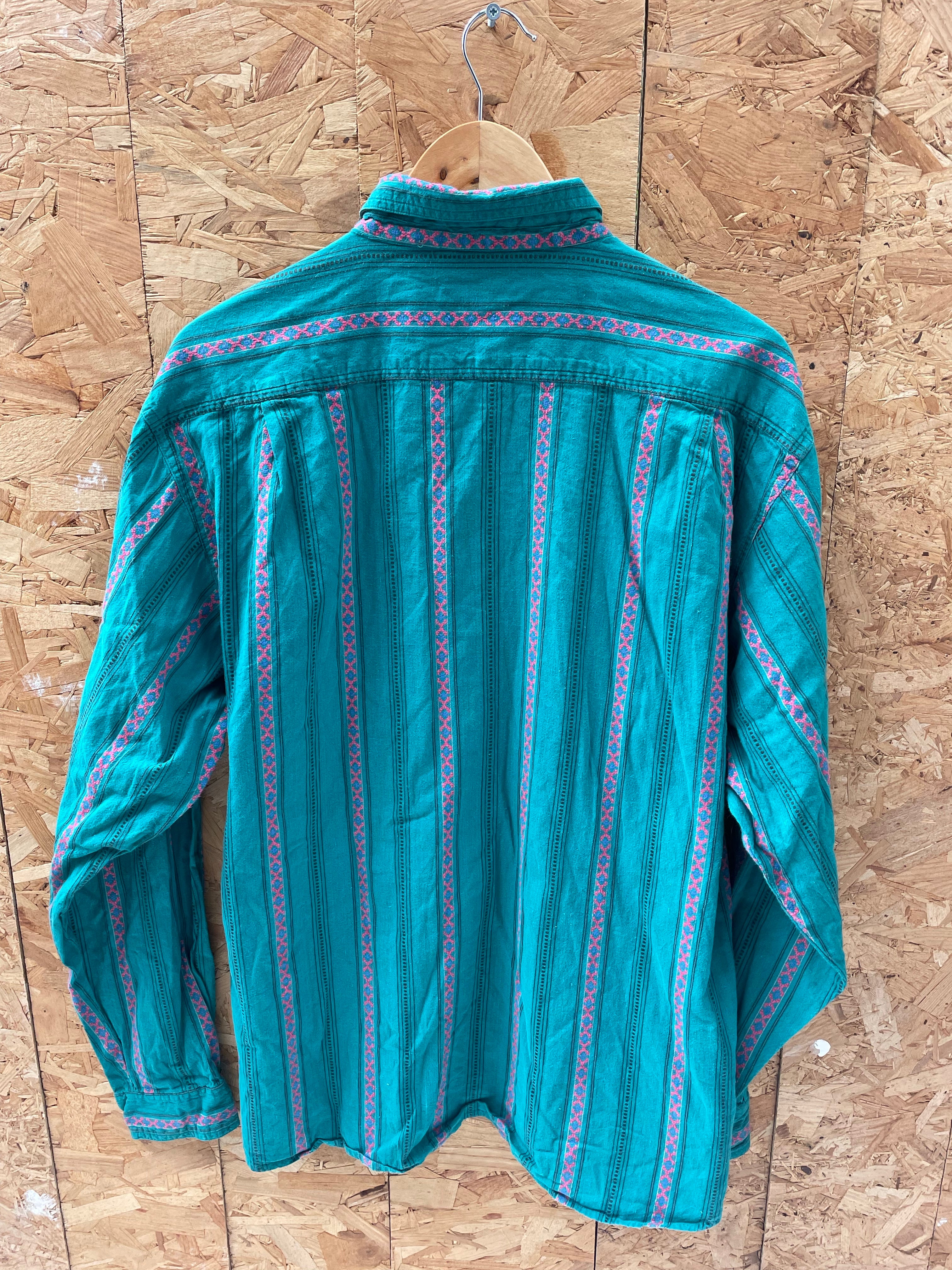 Vintage The North Face Men's L Green Striped Long Sleeve Aztec Western Shirt