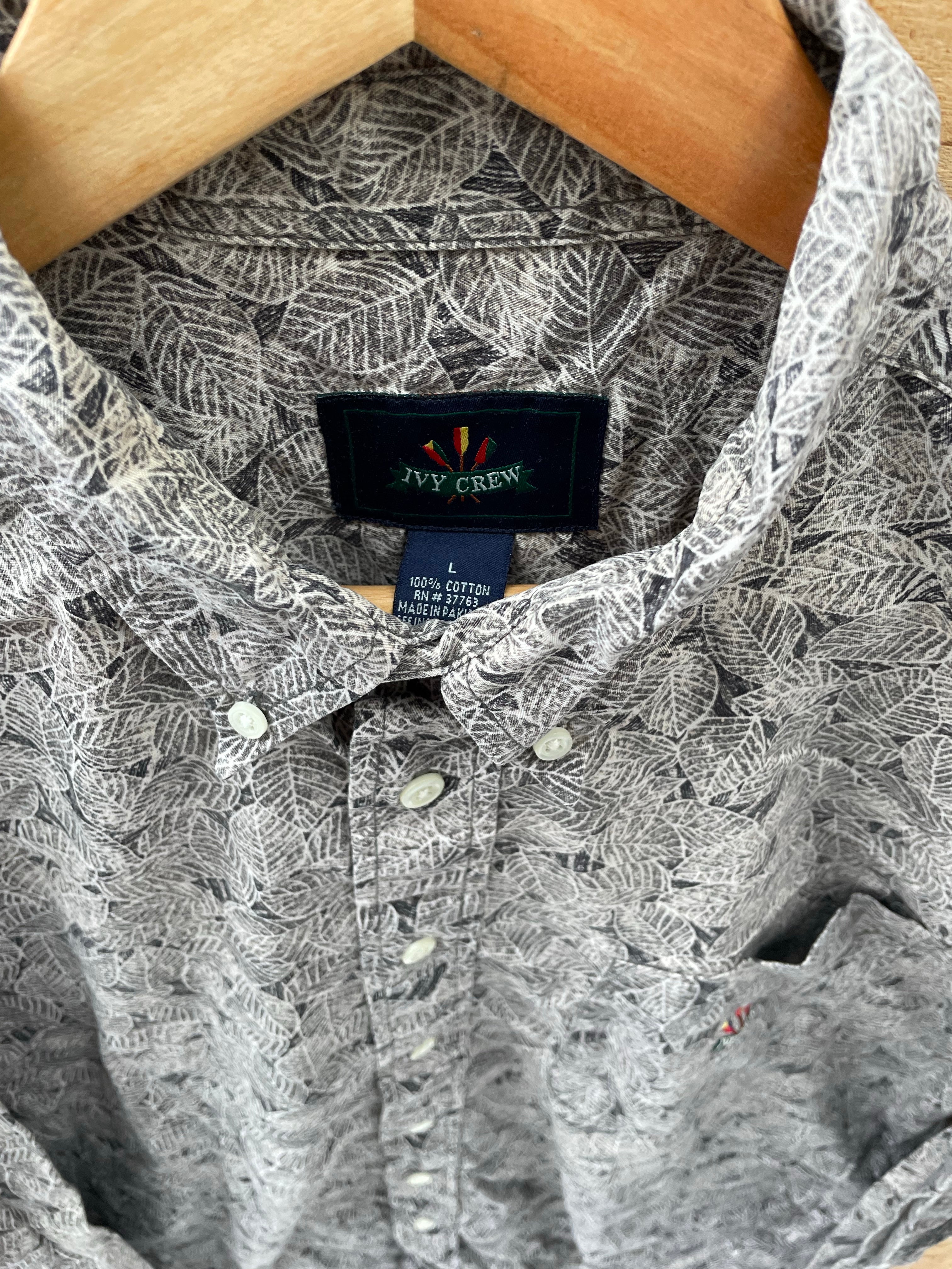 Vintage Ivy Crew Men's L Gray Leaf Abstract Print Long Sleeve Button Down Shirt