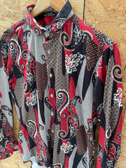 Vintage MOD Size M Red &amp; Black Paisley Print Long Sleeve Button Up Shirt