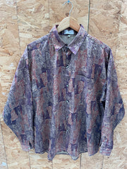 Vintage 90s Thai Silk XXl Abstract Crazy Print Long Sleeve Button Up Shirt