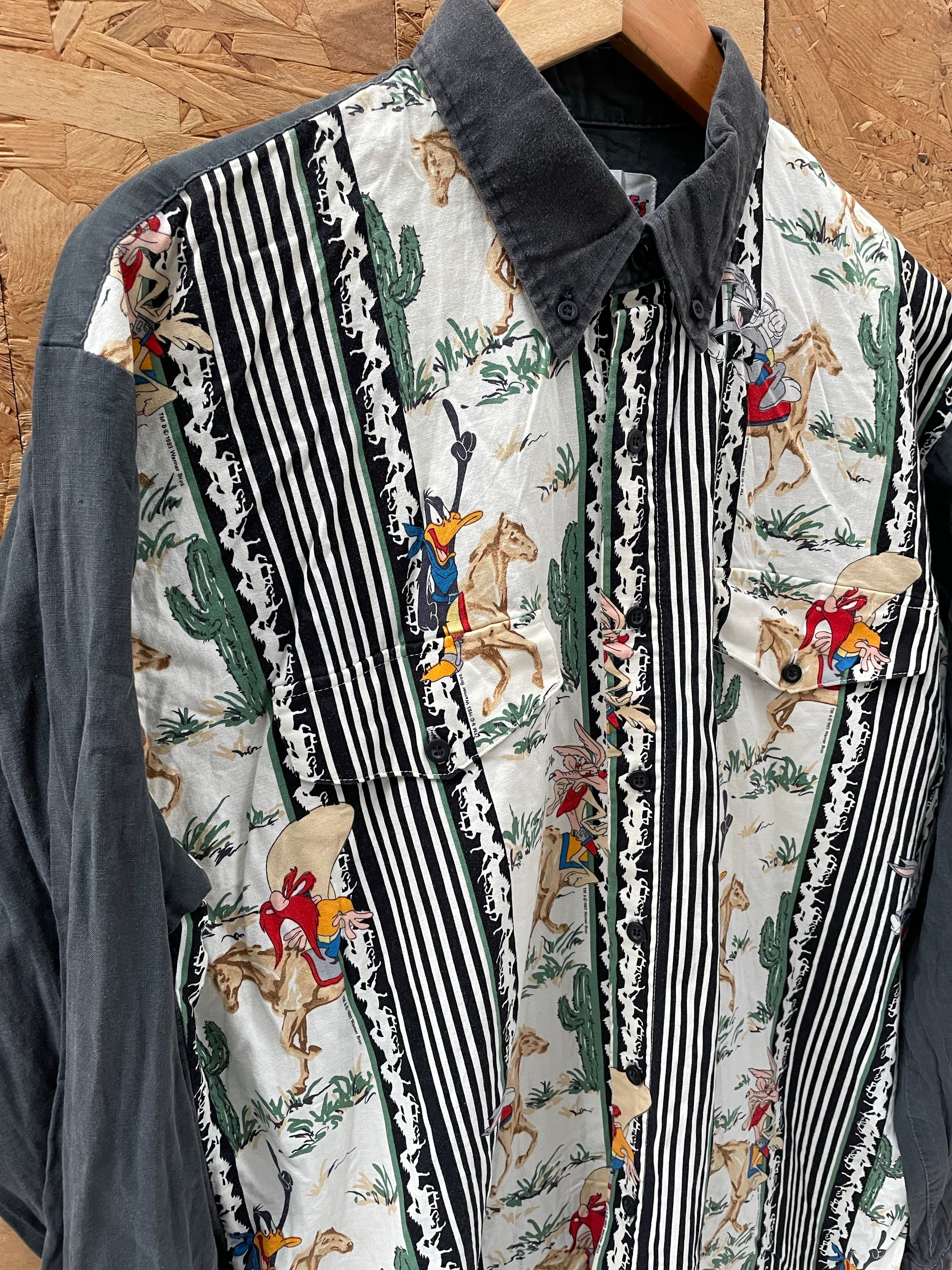 Vintage 90s Looney Tunes Cartoon Pattern Western Cowboy Men's XL Shirt
