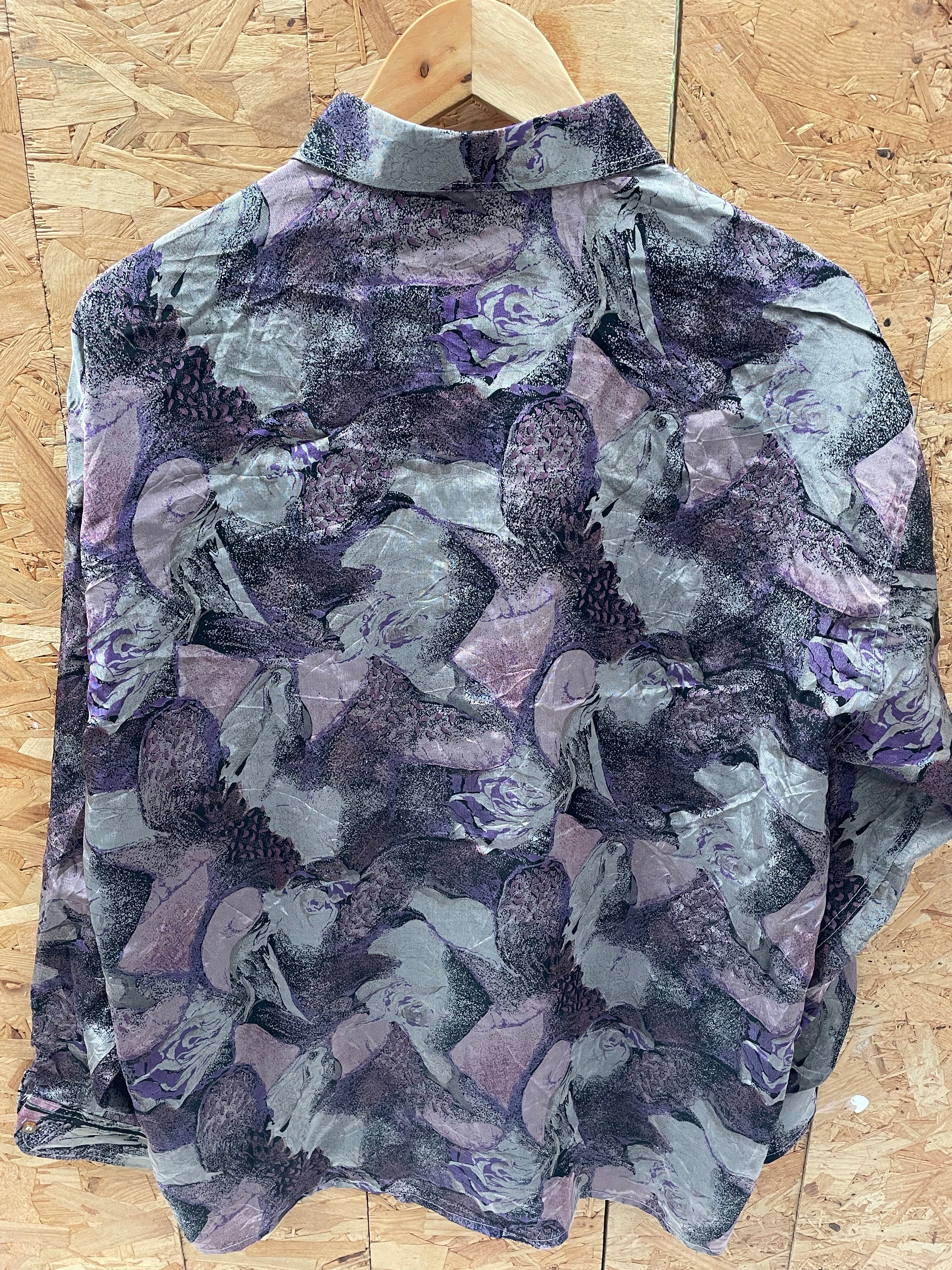 Vintage 80s Mens L Purple Silver Abstract Print Long Sleeve Ugly Shirt