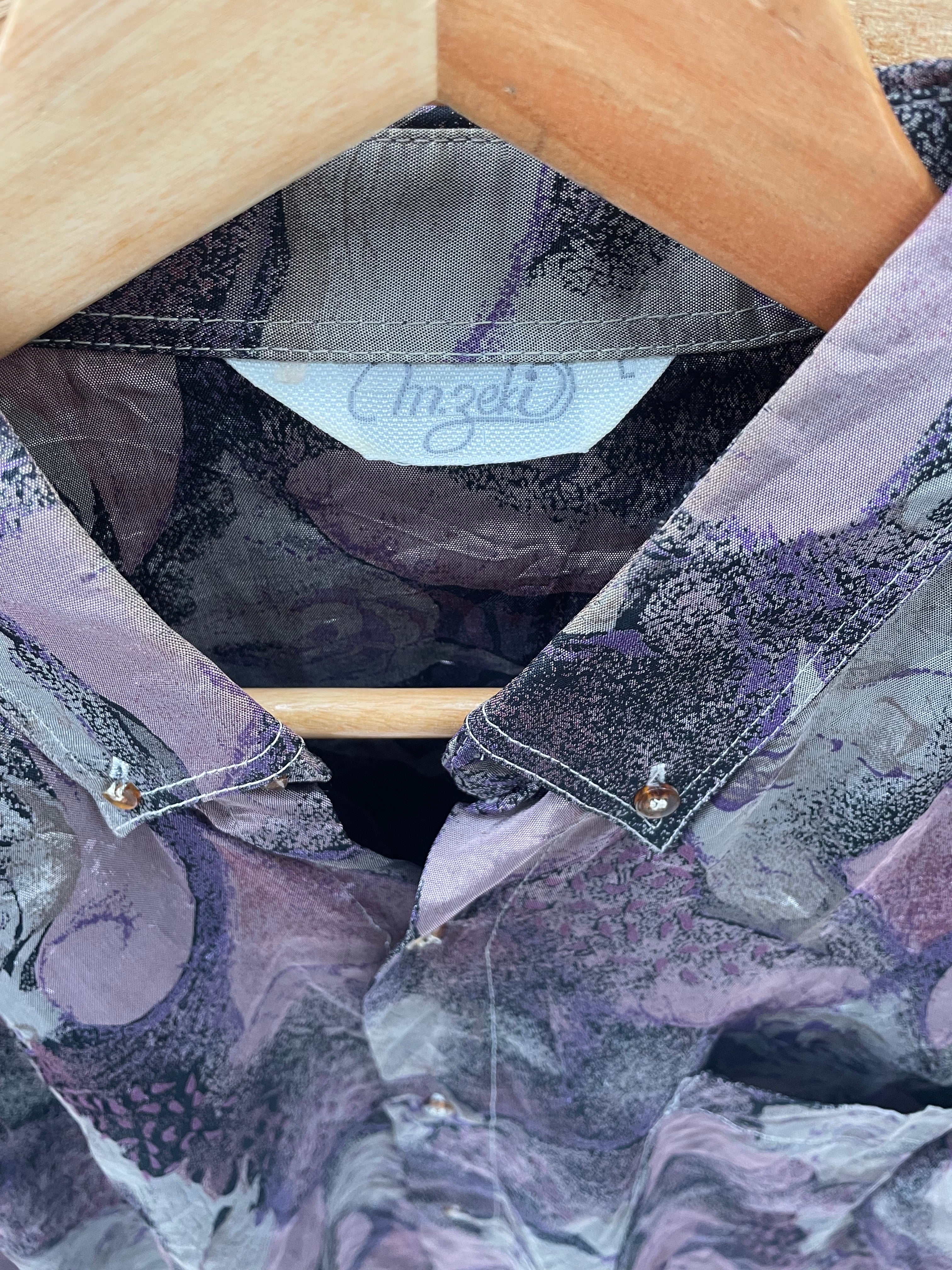 Vintage 80s Mens L Purple Silver Abstract Print Long Sleeve Ugly Shirt