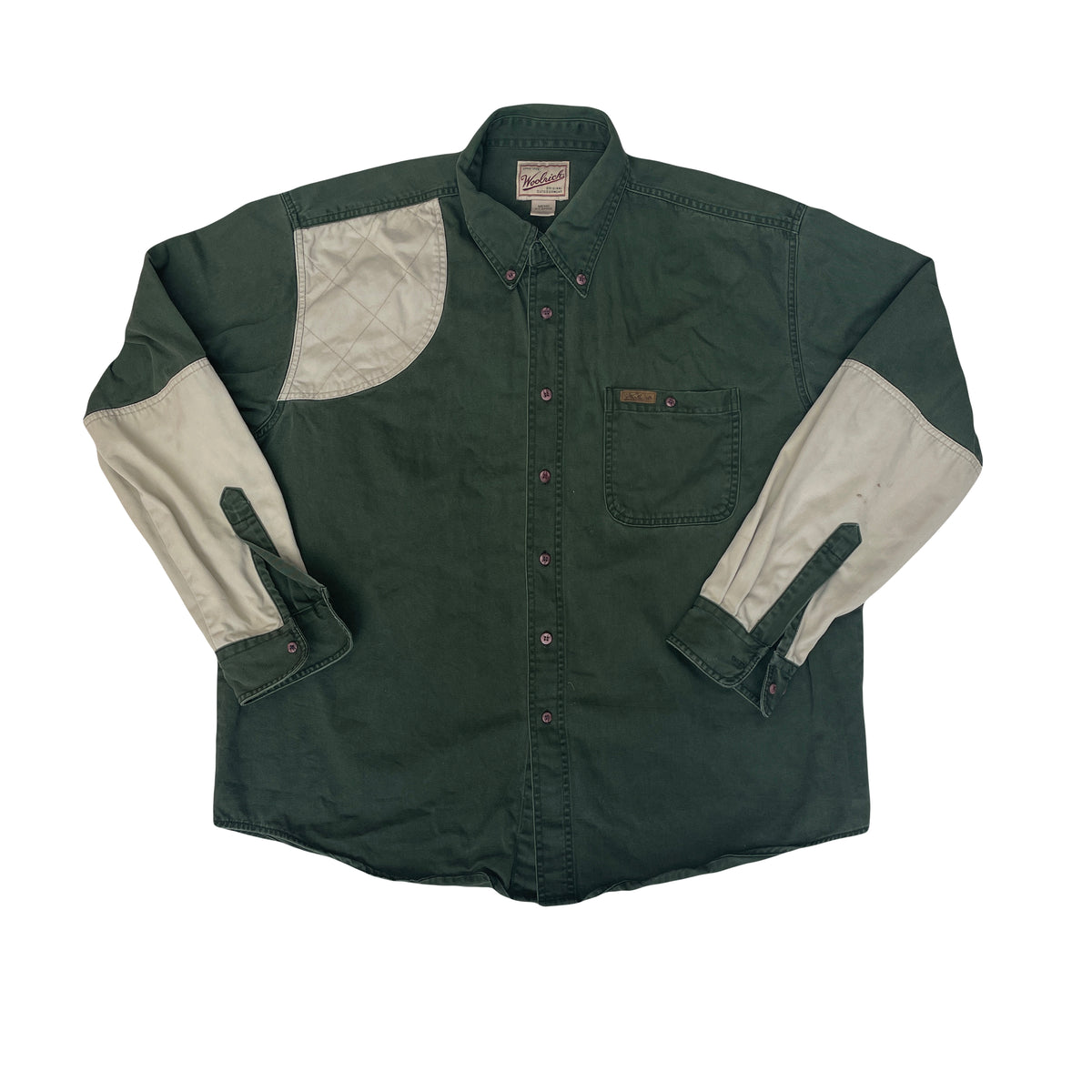 Vintage Woolrich Men's XL Green &amp; Beige Long Sleeve Cotton Shooting Shirt