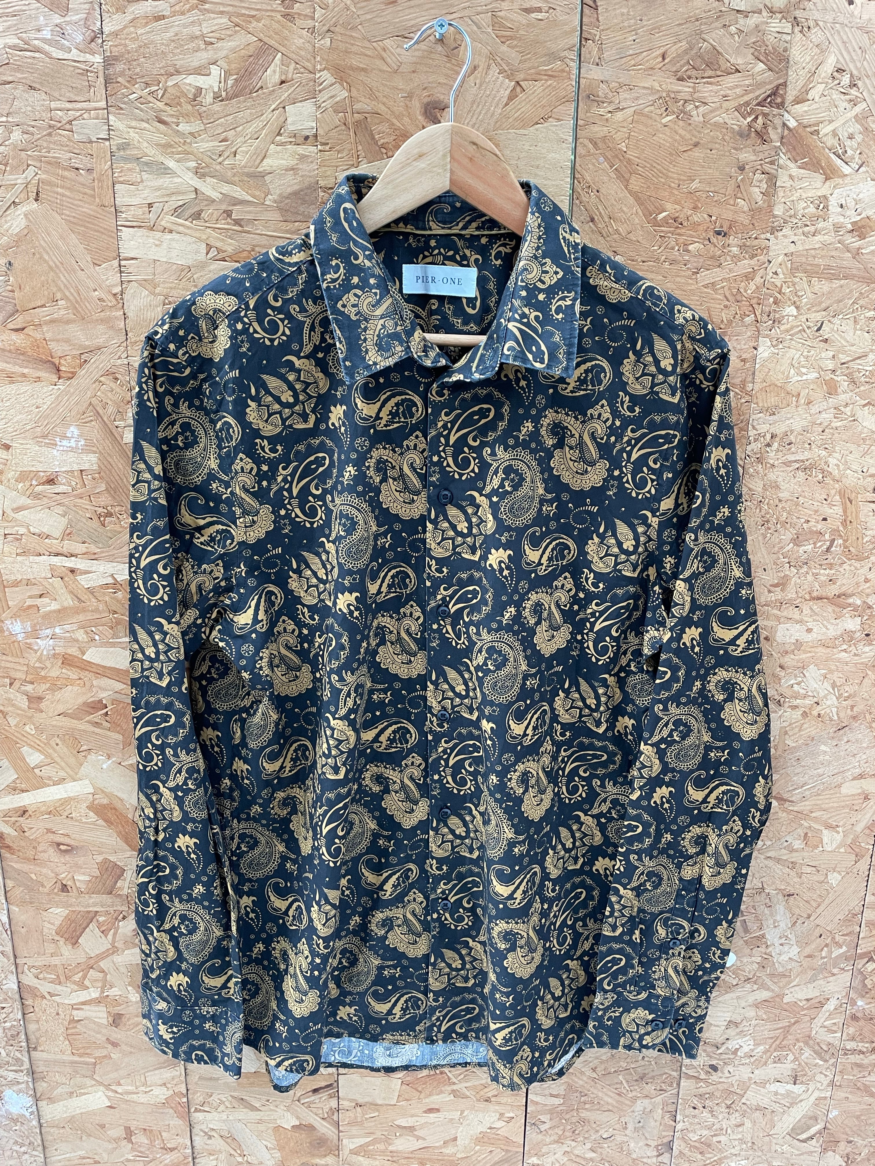 Vintage Y2K Men's Black &amp; Gold Paisley Long Sleeve Shirt Size L by Pier One