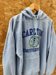 Vintage 90s Carlton University Light Blue Spell Out Hoodie Sweatshirt Size XL