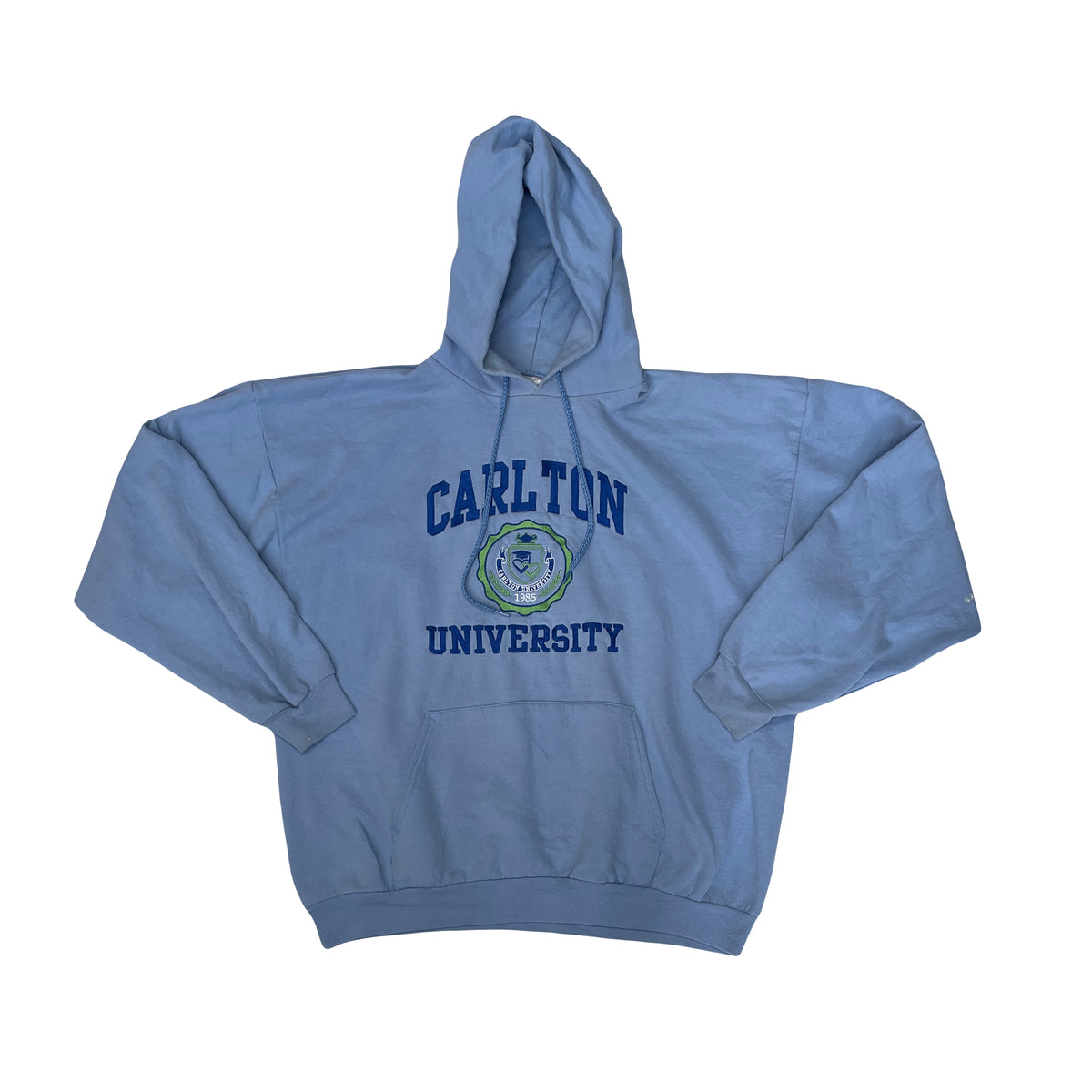 Vintage 90s Carlton University Light Blue Spell Out Hoodie Sweatshirt Size XL