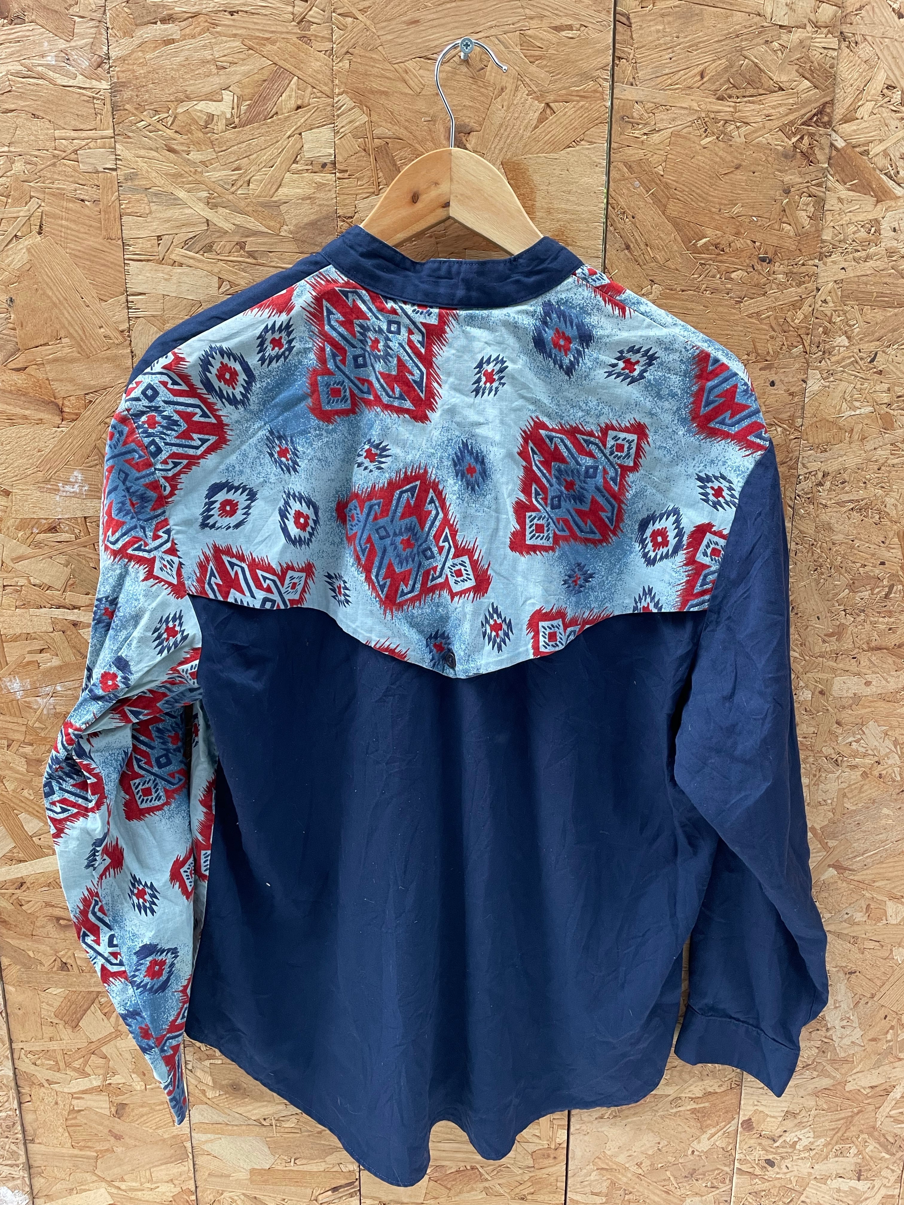 Vintage 80s Blue Red Southwestern Pattern Cowboy Shirt Size L by Steppin' Out