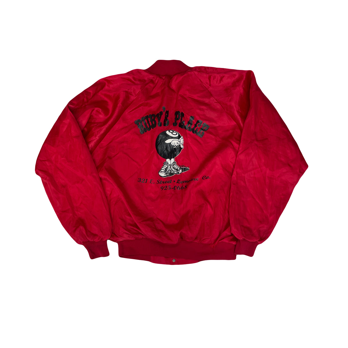 Vintage 80s Ruby's Place 8 Ball Red Satin USA Baseball Jacket - Size XL