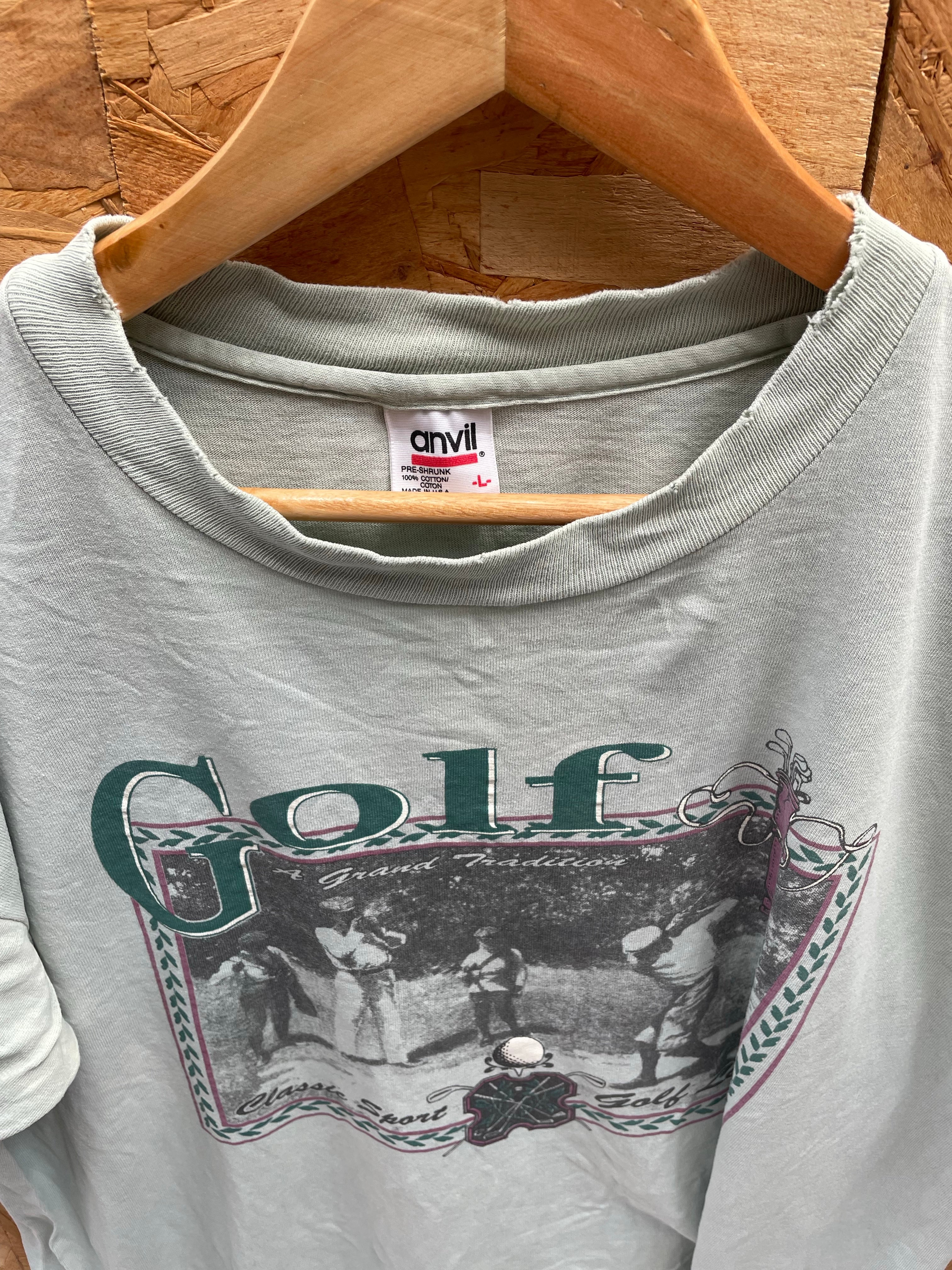 Vintage 90s Thrashed Single Stitch Anvil Golf T-Shirt - Light Green - Size L