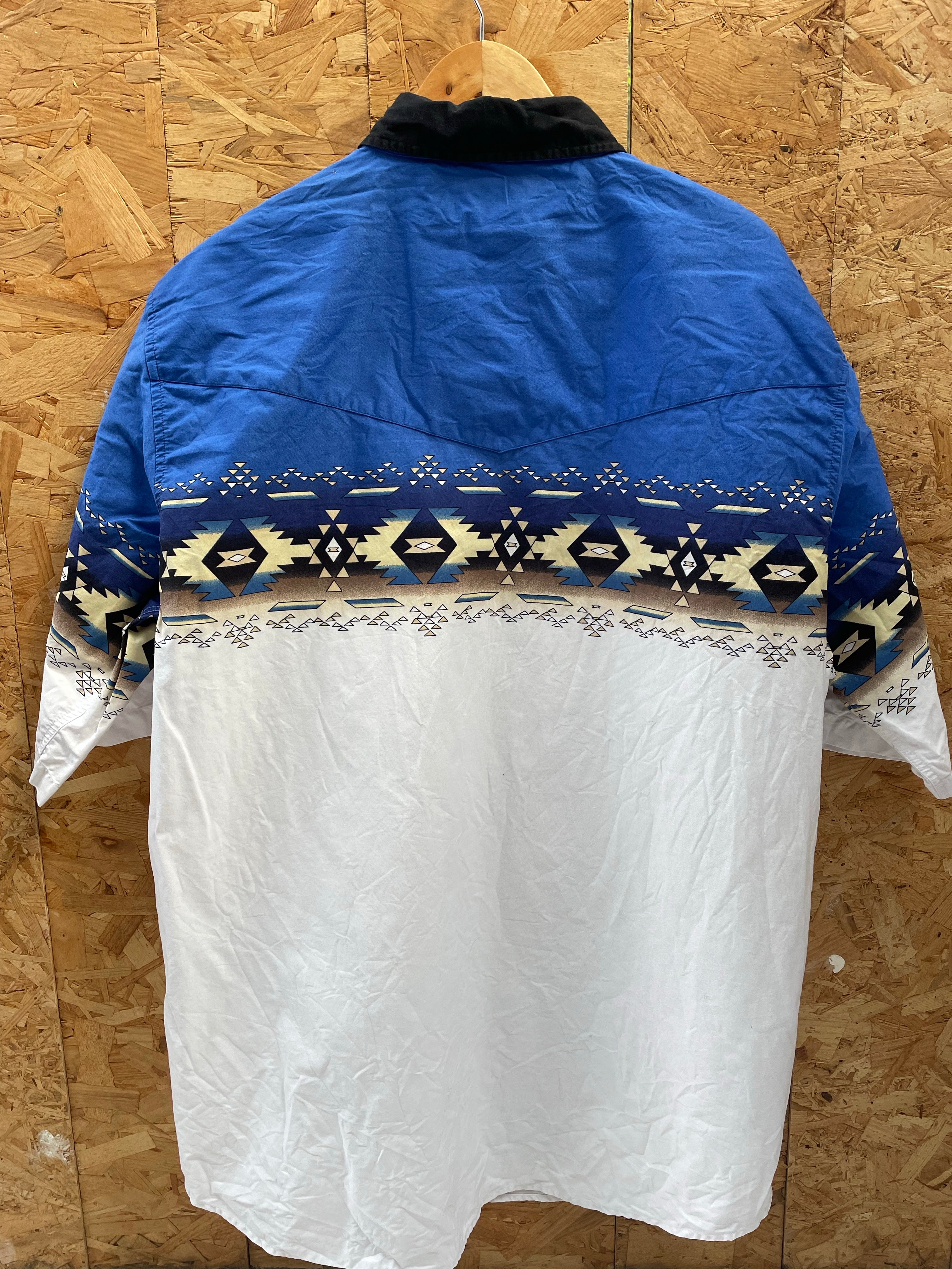 Vintage 90s 3XL Blue &amp; White Southwestern Aztec Pattern Shirt