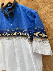 Vintage 90s 3XL Blue &amp; White Southwestern Aztec Pattern Shirt