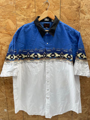 Vintage 90s 3XL Blue &amp; White Southwestern Aztec Pattern Shirt