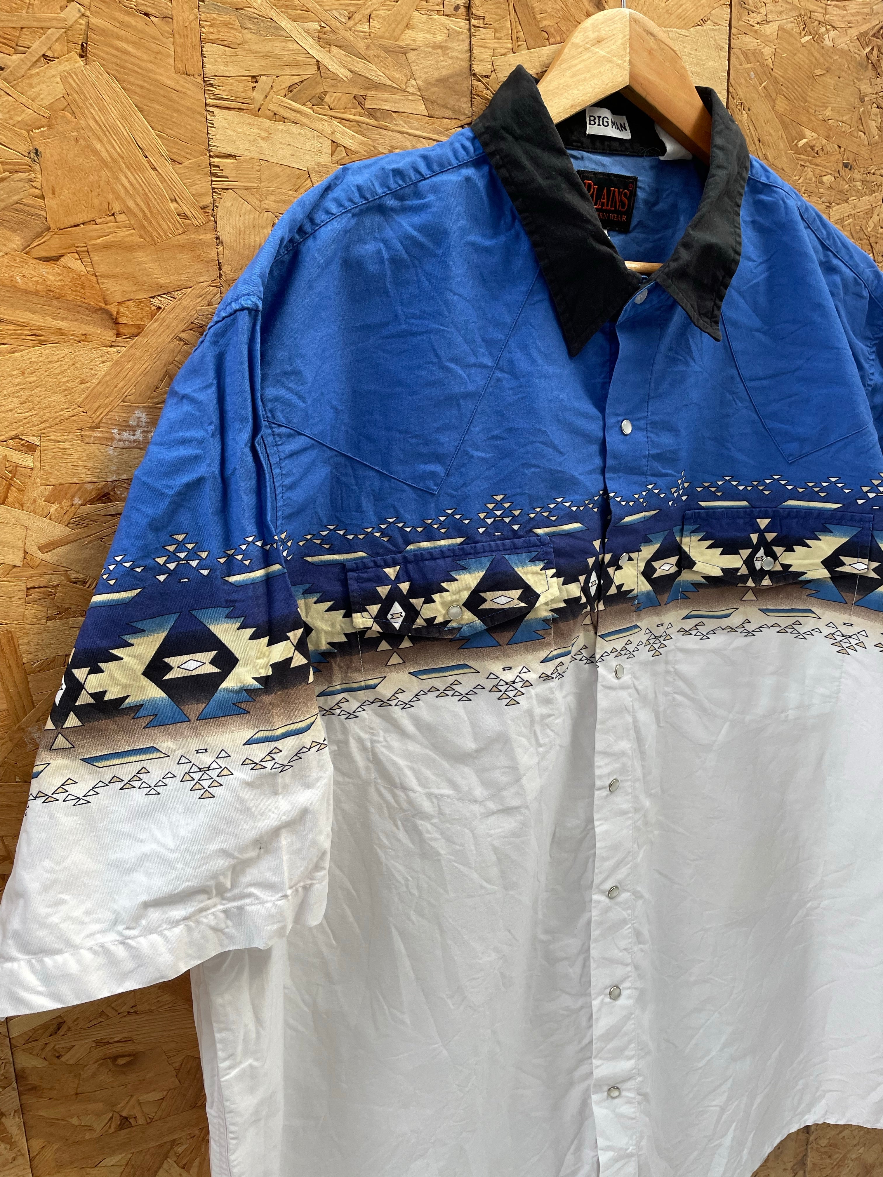 Vintage 90s 3XL Blue &amp; White Southwestern Aztec Pattern Shirt
