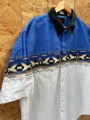 Vintage 90s 3XL Blue &amp; White Southwestern Aztec Pattern Shirt
