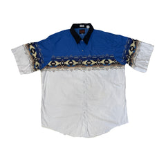 Vintage 90s 3XL Blue &amp; White Southwestern Aztec Pattern Shirt
