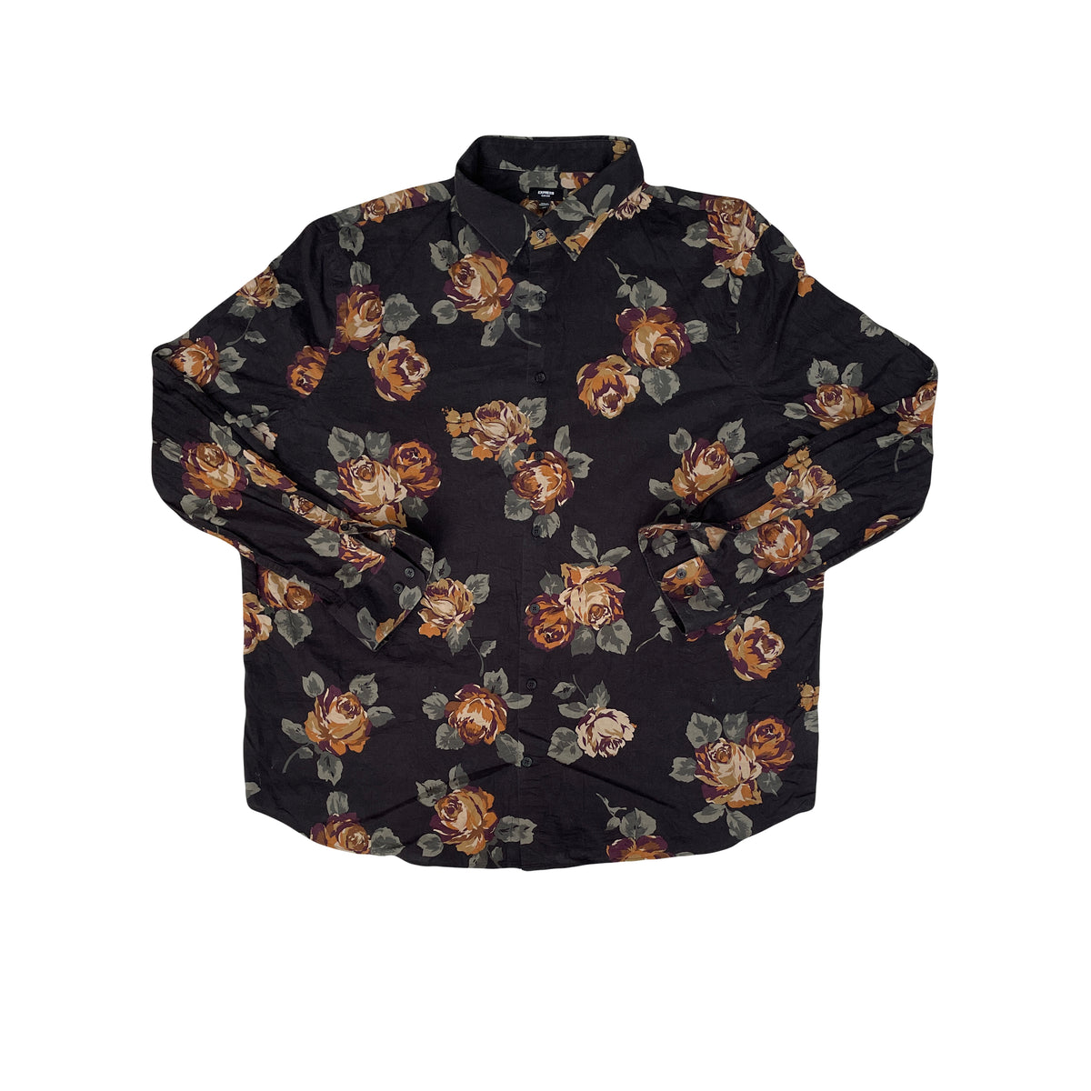 Express Men's XXL Black Floral Rose Long Sleeve Slim Fit Shirt