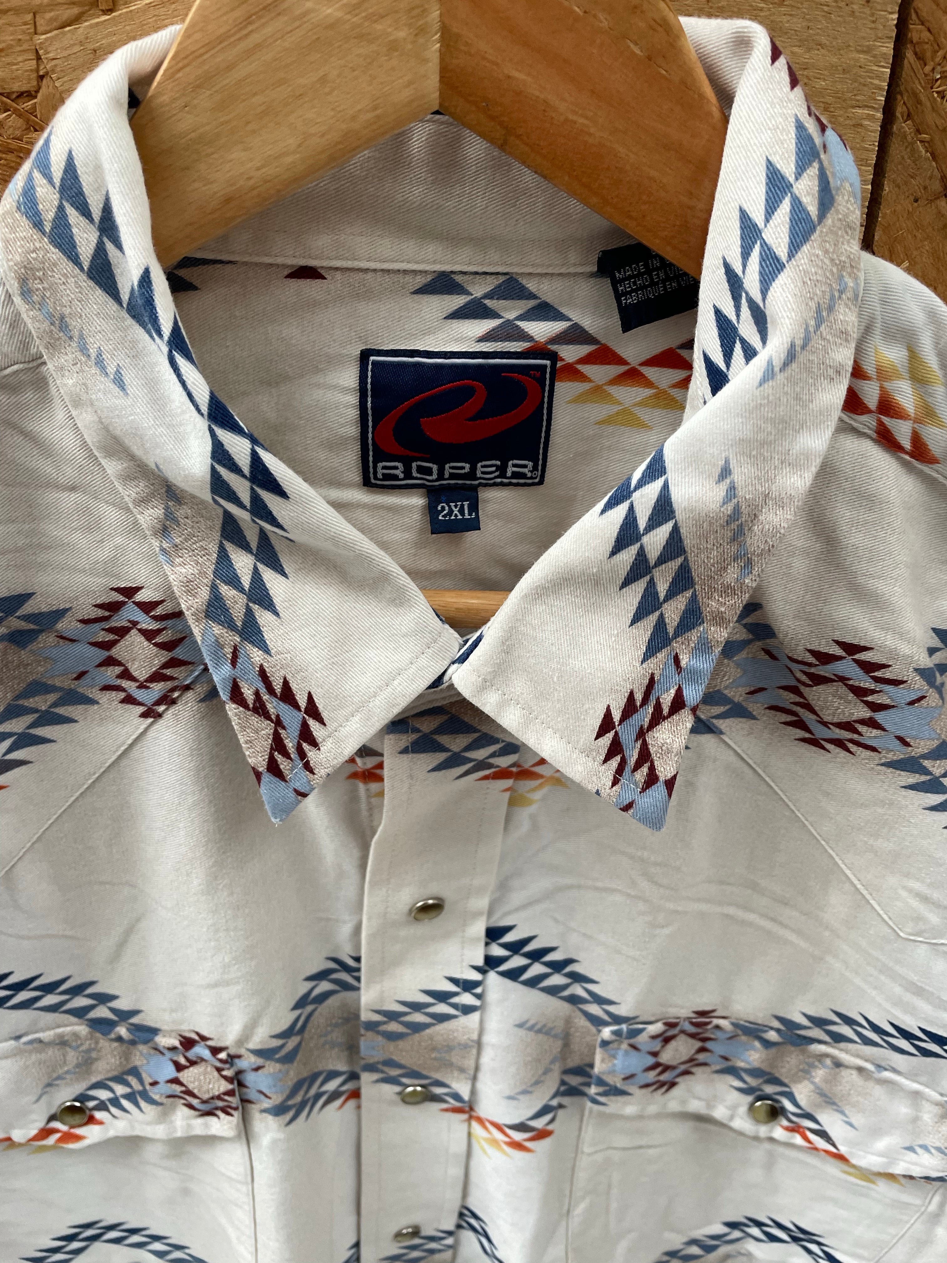 Vintage 90s Roper Western Shirt, Size 2XL, Beige White Aztec Southwestern Print