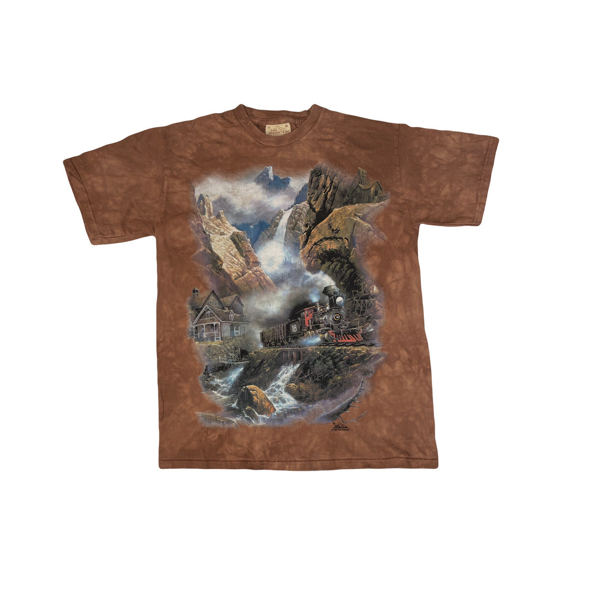 Vintage 90s The Mountain USA Railroad Graphic T-Shirt Size M Brown