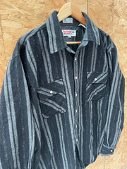 Vintage 80s Squaw Valley Mens XL Black &amp; Gray Striped Flannel Shirt