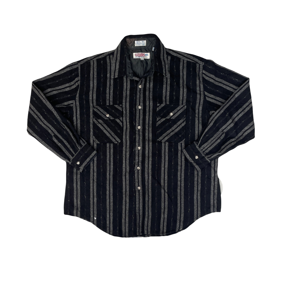 Vintage 80s Squaw Valley Mens XL Black &amp; Gray Striped Flannel Shirt