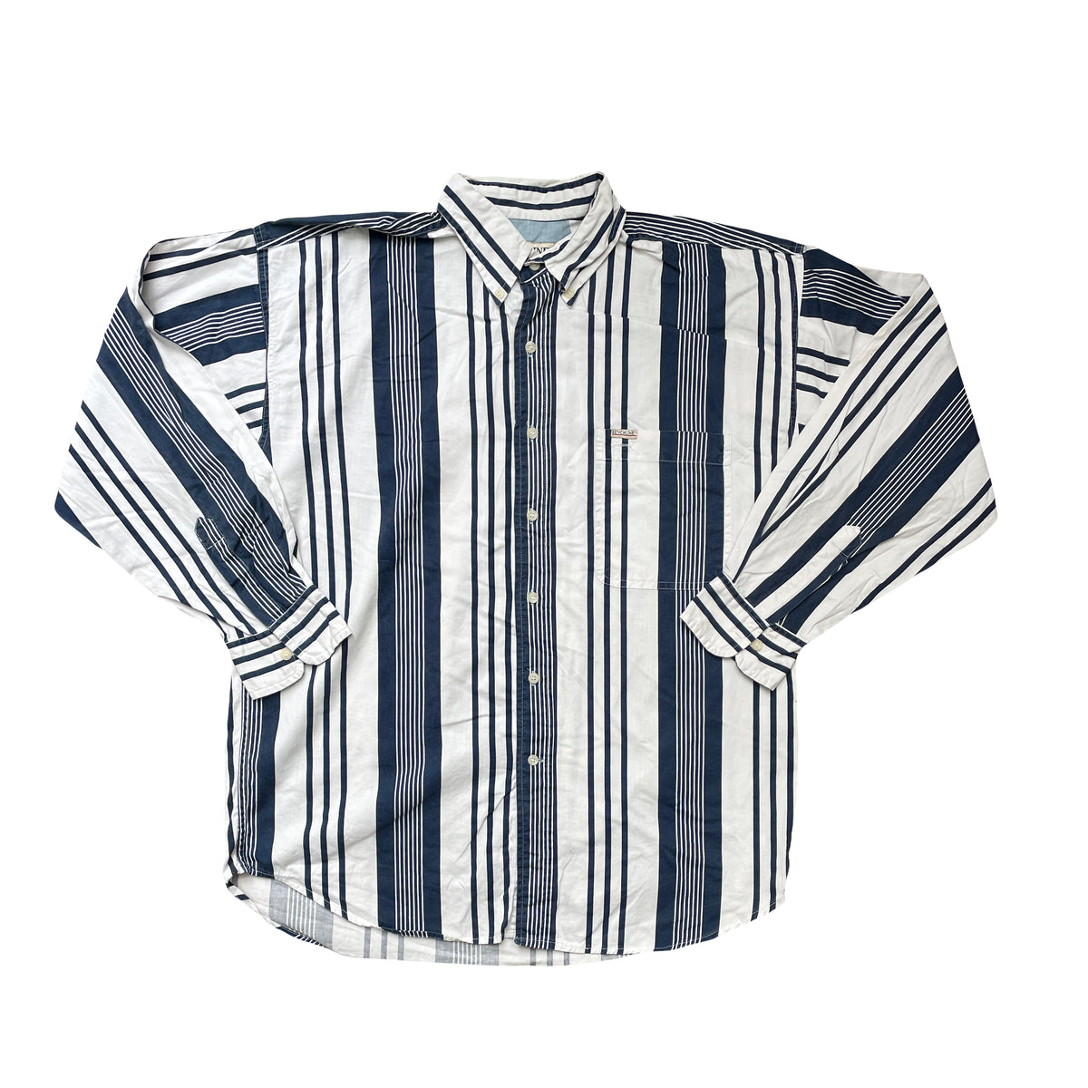 Vintage 90s Benchline Men's L Blue &amp; White Striped Long Sleeve Shirt