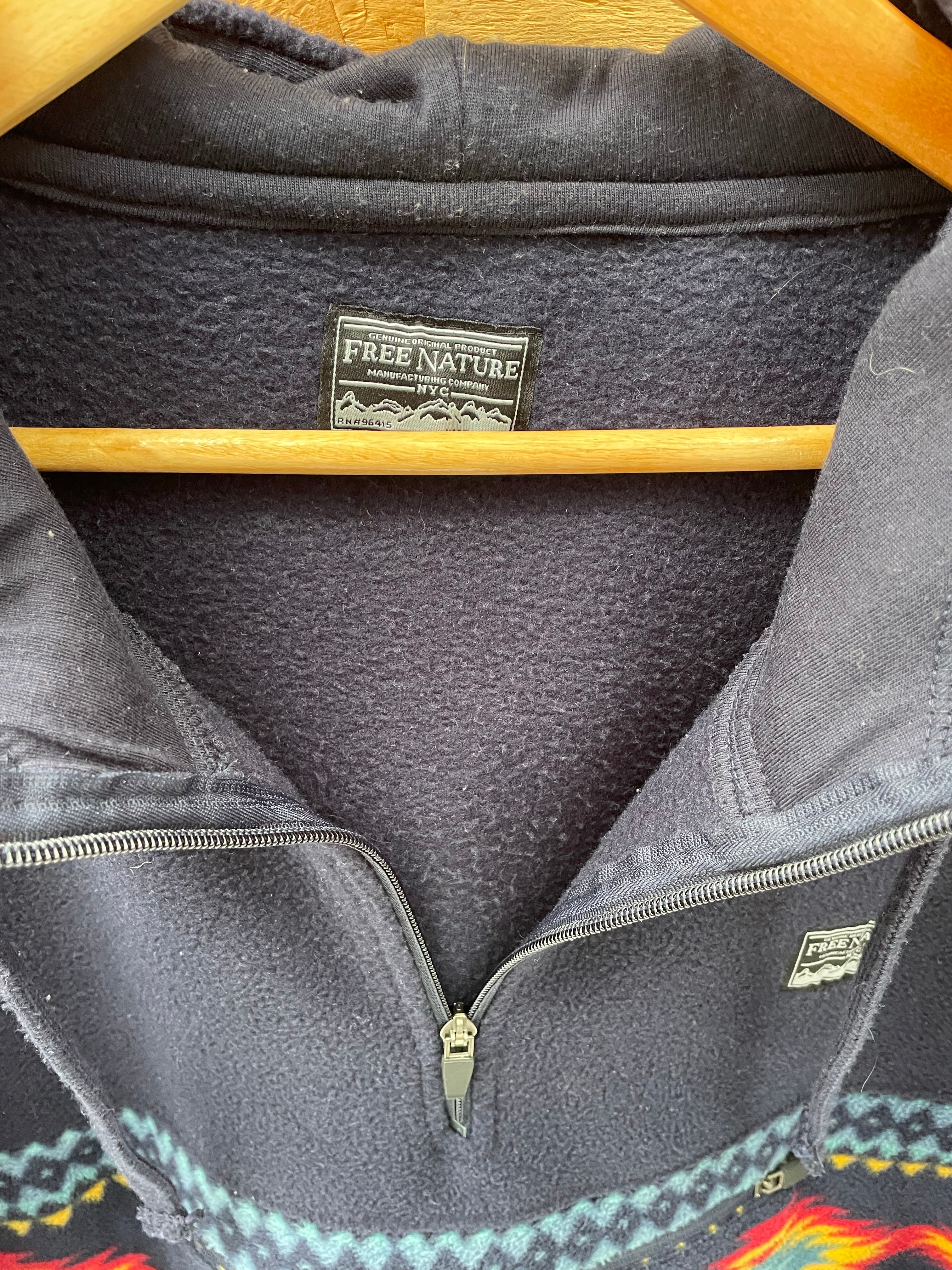 Free Nature Fleece Pullover Hoodie Jacket, Mens Size M, Southwestern Pattern, Dark Blue