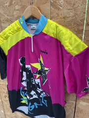 Vintage Diadora Cycling MTB Jersey Shirt XL Pink Yellow Black BMX Bike Graphic
