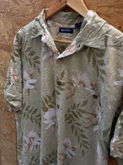 Vintage 90s pastel green beige viscose hibiscus pattern Hawaiian shirt size L