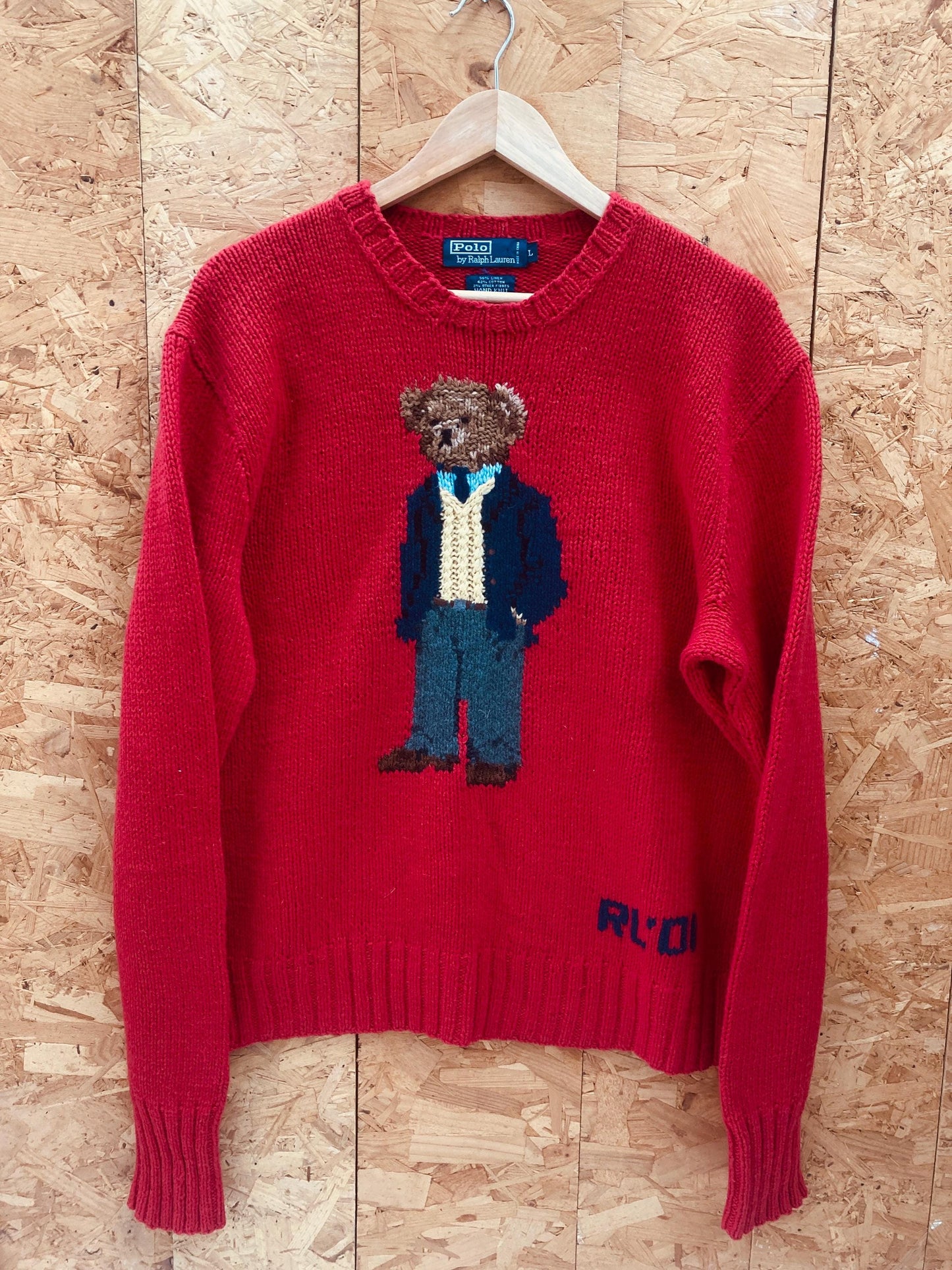 Vintage 2001 rare collectable Polo Ralph Lauren “Executive Bear” red hand-knit crew neck sweater jum