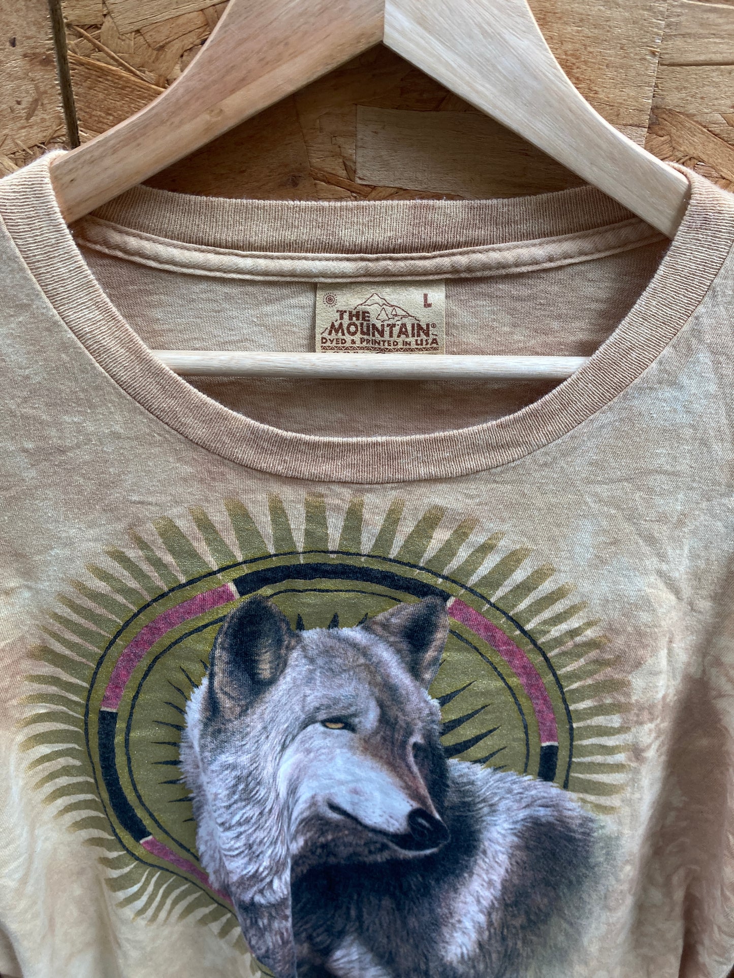 Vintage 90s The Mountain beige tie dye wolf sundial long sleeve t-shirt size L